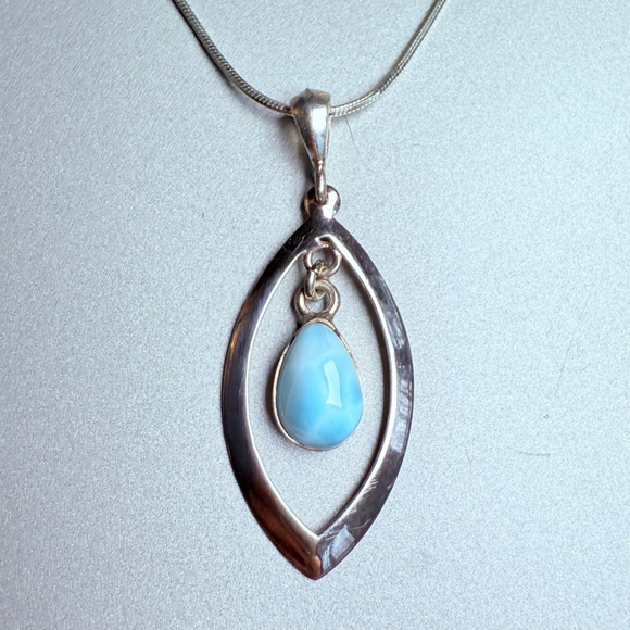 Larimar Floating Cabochon Tear Drop 925 Sterling Silver 1.75" Pendant Necklace - Picture 1 of 8